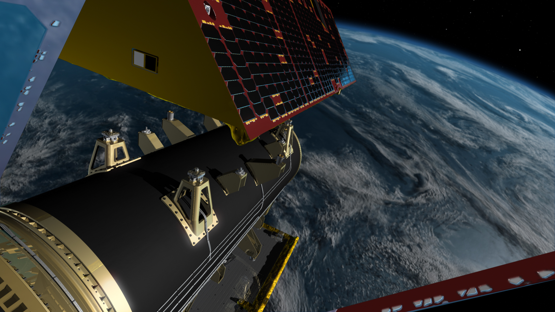 One of the GRACE-FO satellites separates from a spacecraft dispenser over Earth