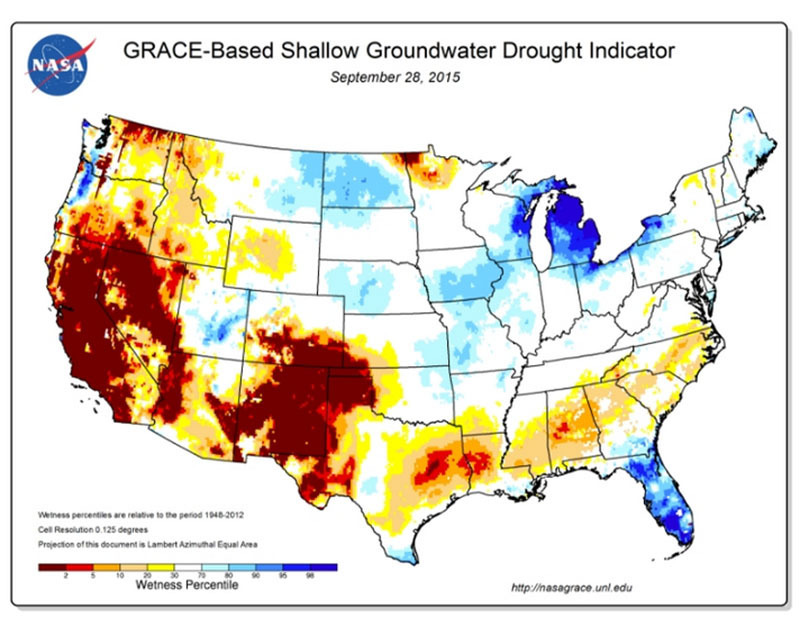 A map of the United States shows dark red over California and much of the American West, indicating drought, while areas in Florida and around Michigan show blues, indicating a water surplus.