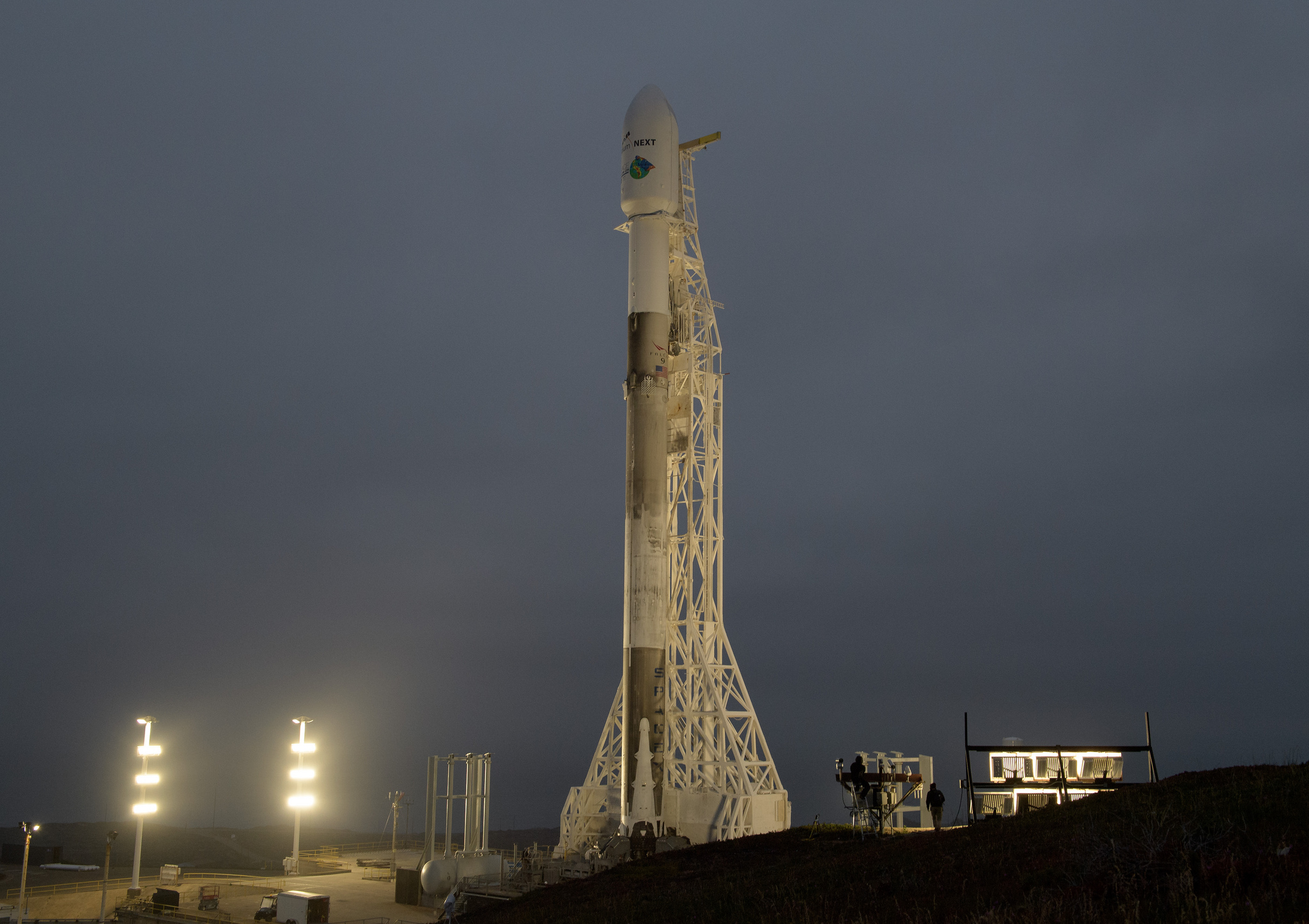 The SpaceX Falcon 9 that will carry GRACE-FO to orbit sits on the launchpad.