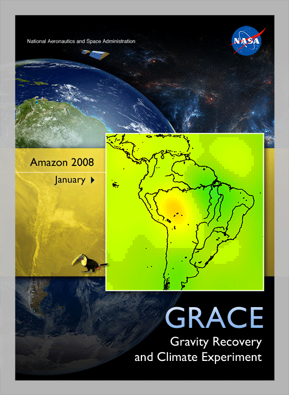 This image shows the Amazon basin in South America. The amount of water stored in the Amazon basin varies from month to month, and can be monitored from space by looking at how it alters Earth's gravity field. This series of images was produced using data from Gravity Recovery and Climate Experiment (GRACE) in 2008 and shows month-to-month water mass changes (relative to a three-year average) over the Amazon and neighboring regions.