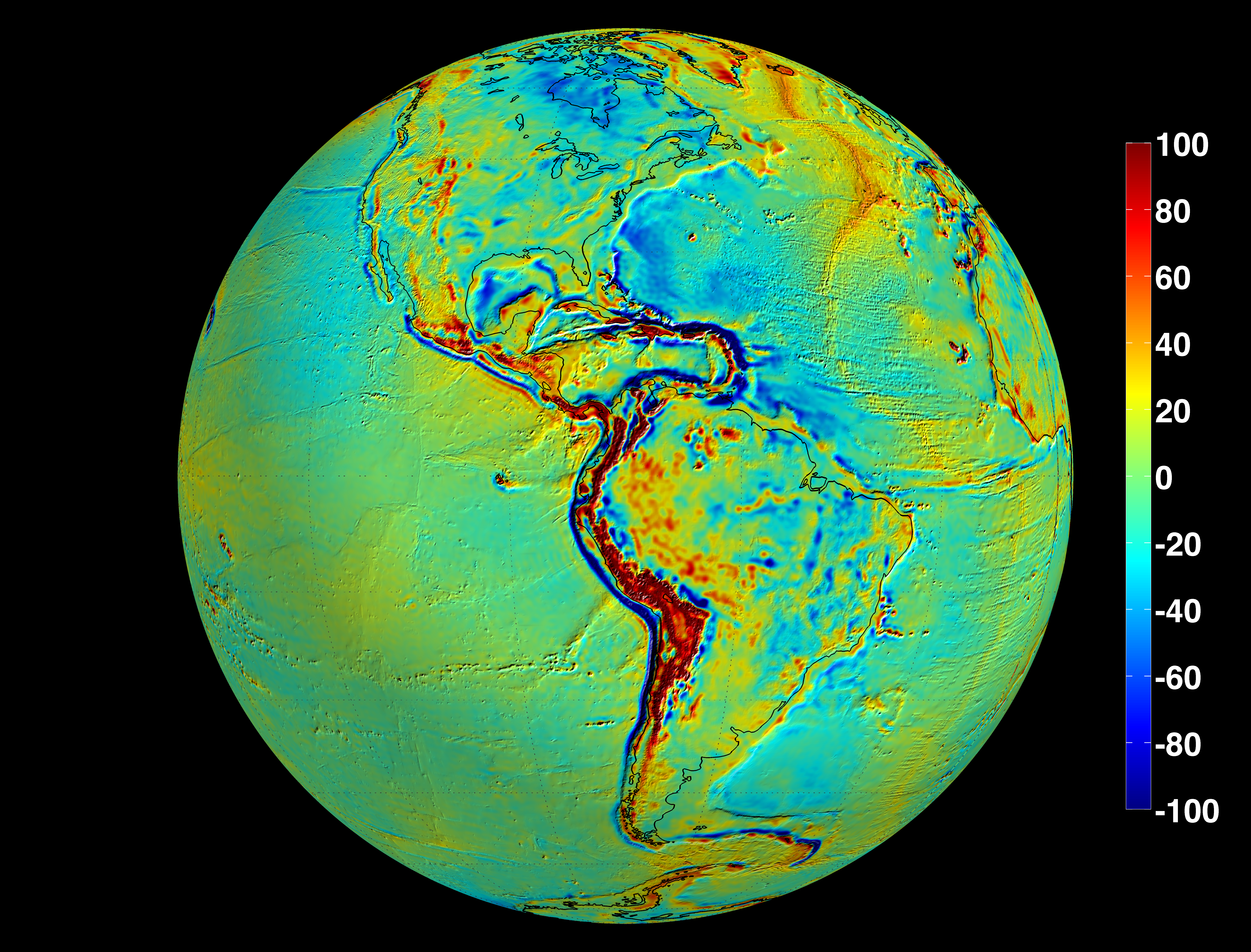 The GRACE Intermediate Field 48 (GIF48 from UT-CSR) field model is an improved mean gravity field that combines GRACE observations and terrestrial gravity information The terrestrial gravity information was taken from the DTU10 global gravity field. Shown here are the so-called free air gravity deviations from an ideal ellipsoidal Earth model, in units of milli-gal. Areas colored yellow, orange, or red are areas where the actual gravity field is larger than the featureless-Earth model predicts, while the progressively darker shades of blue indicate places where the gravity field is less.