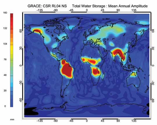 This image shows the mean annual amplitude of total water storage on Earth in 2007 as measured by GRACE.