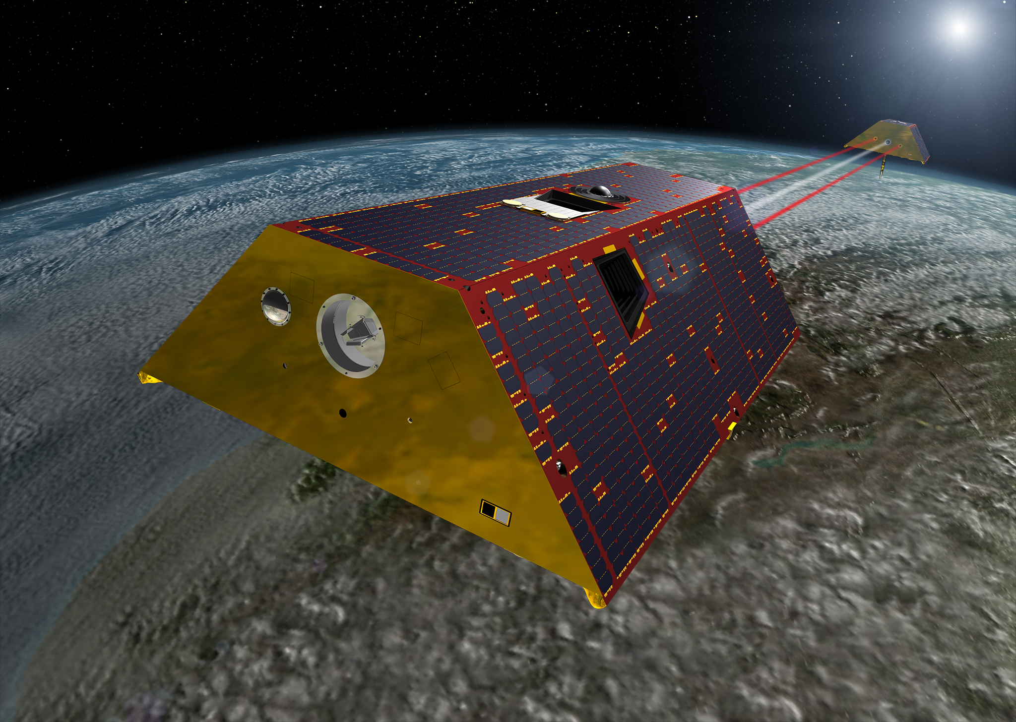 An artist's rendering of the twin GRACE-FO spacecraft in orbit around Earth. 