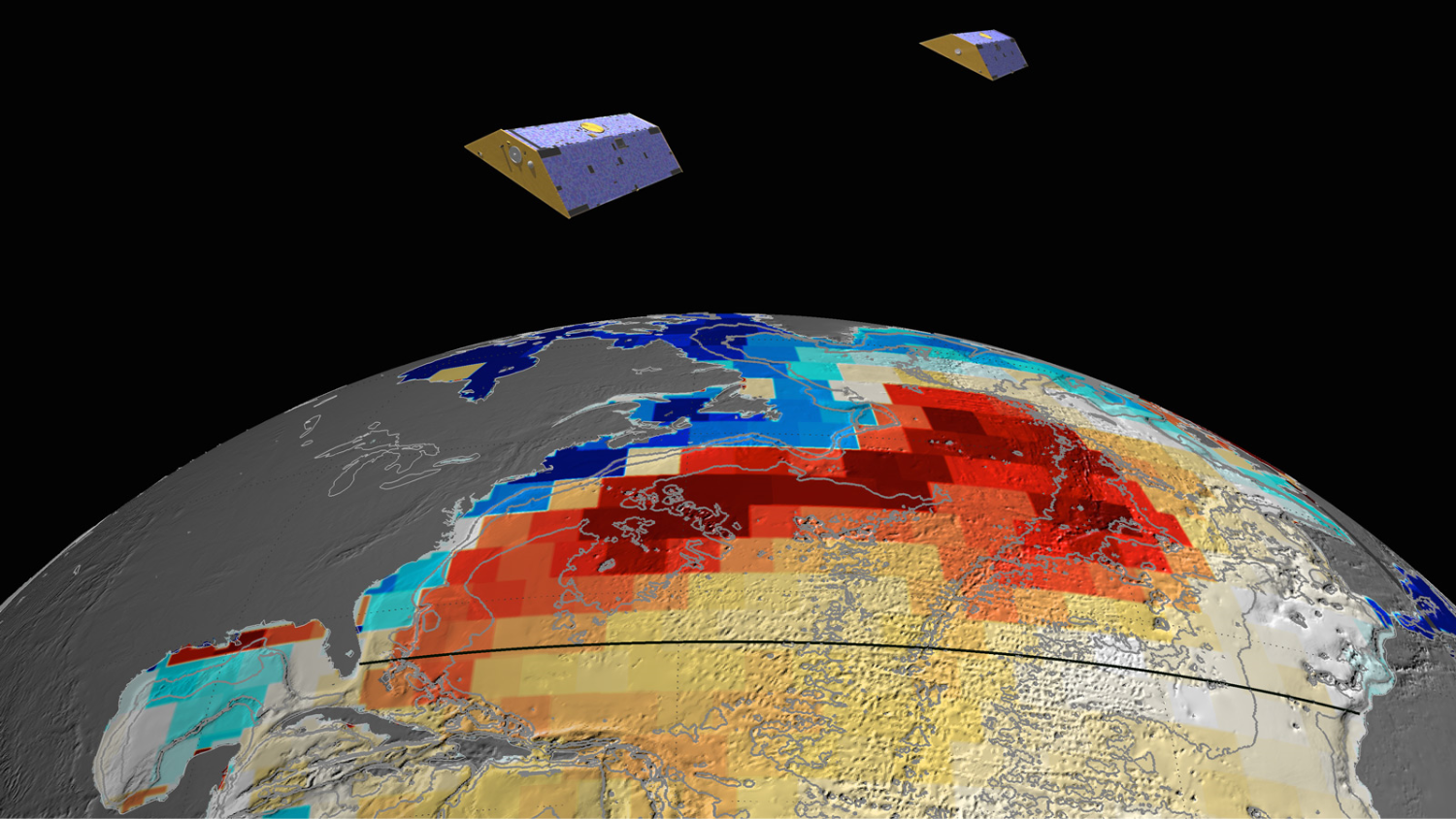 GRACE-FO will measure Atlantic Ocean bottom pressure as an indicator of deep ocean current speed, as GRACE did. This pattern of above-average (blue) and below-average (red) seafloor pressure in 2009 GRACE data revealed a temporary slowing of deep ocean currents. 