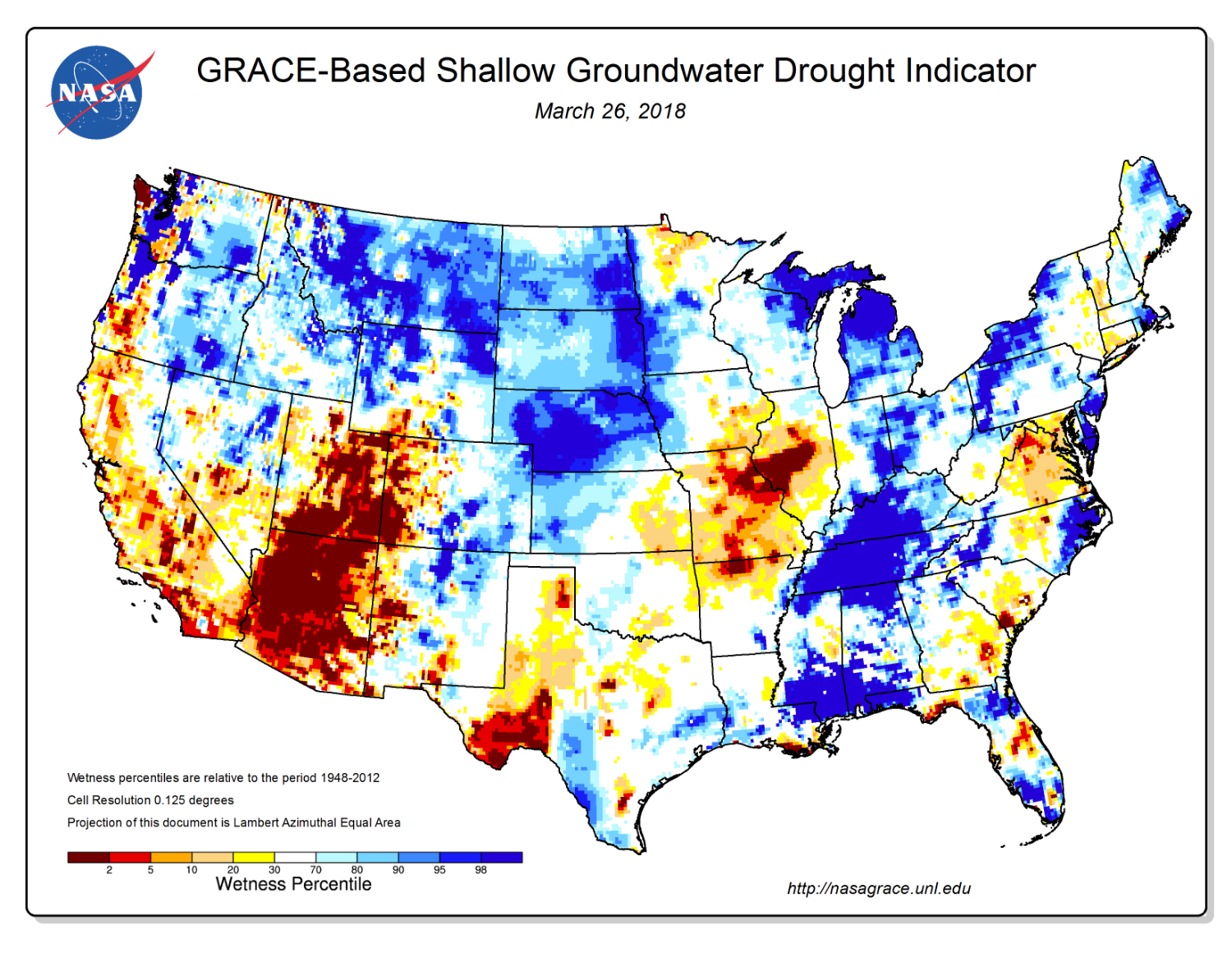 While the GRACE mission was active, scientists at NASA’s Goddard Space Flight Center generated groundwater and soil moisture drought indicators like this every week from GRACE data on terrestrial water storage and other observations, using a numerical model of land surface water and energy processes.