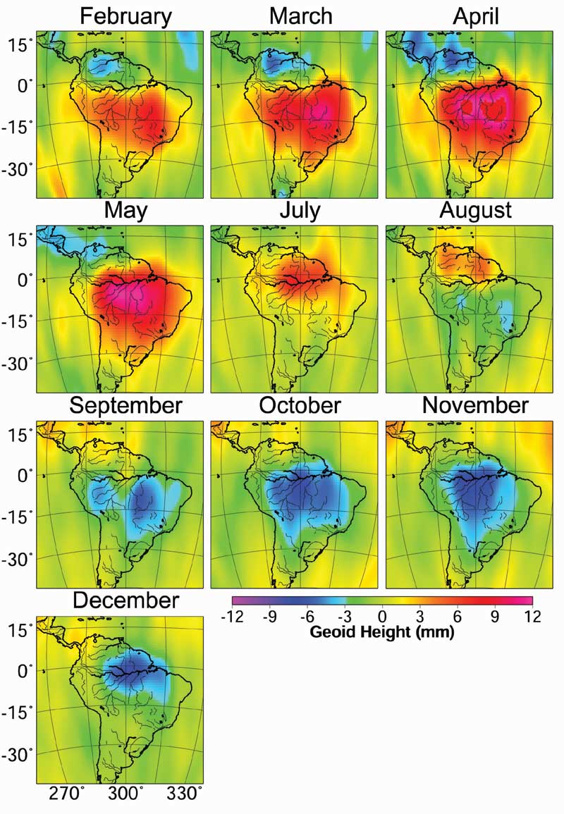 The rainy and dry seasons in the Amazon Basin in 2004, revealed by gravity anomalies observed by GRACE. Reds and pinks show where and when mass was higher than average, a sign that more water was present, and blues show months when mass was lower. 
