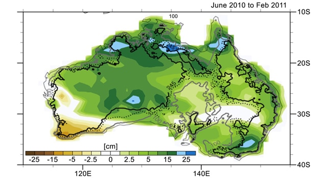 Changes in Australia's mass observed by GRACE in 2010 and 2011. Areas in greens and blues had the greatest increases in mass, caused by unusually high precipitation connected with a large La Niña event. 