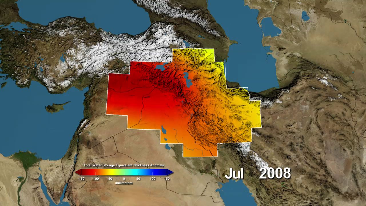 Variations in water storage in the Tigris and Euphrates river basins from 2003 to 2009, measured by GRACE. Reds represent drier conditions, while blues represent wetter conditions. The majority of the water lost was due to reductions in groundwater caused by human activities. 
