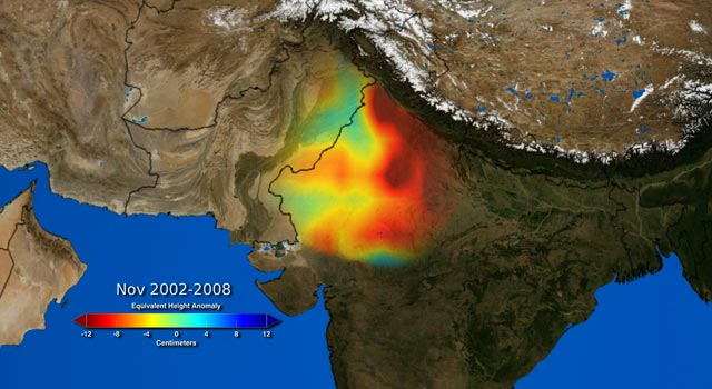 Depletion of groundwater in northwestern India between 2002 and 2008, measured by GRACE.