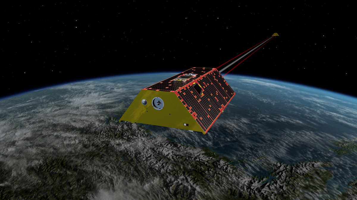 Illustration of GRACE-FO in orbit over Earth.