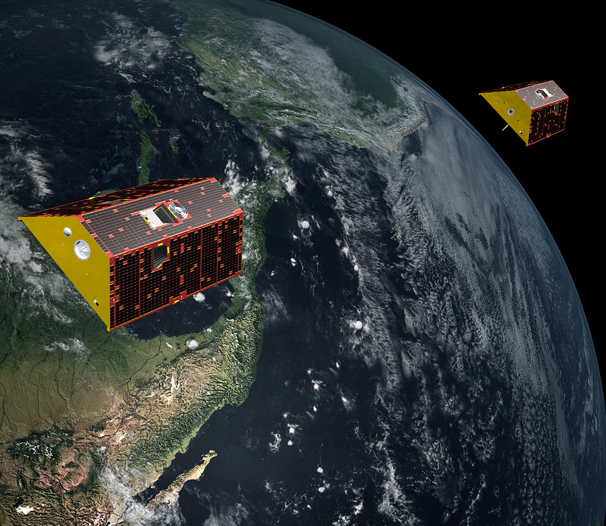 Twin spacecraft of GRACE-FO in orbit over Earth.