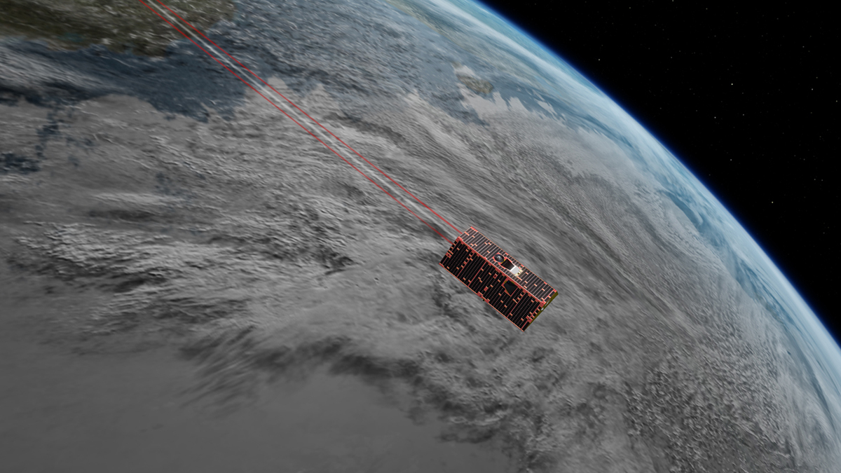 Illustration of one spacecraft of GRACE-FO above Alaska, with clouds, ocean and land below.