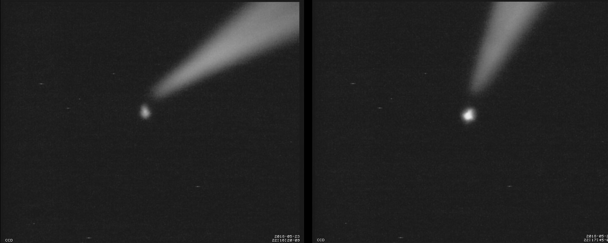 The bright lights of the spacecraft are seen against the dark black of space.