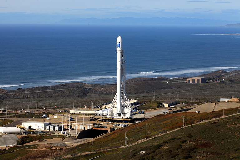 GRACE-FO will be launched aboard a SpaceX Falcon 9 from Vandenberg Air Force Base in California. The Jason 3 satellite, pictured here on the Vandenberg launch pad, was also launched aboard a Falcon 9.